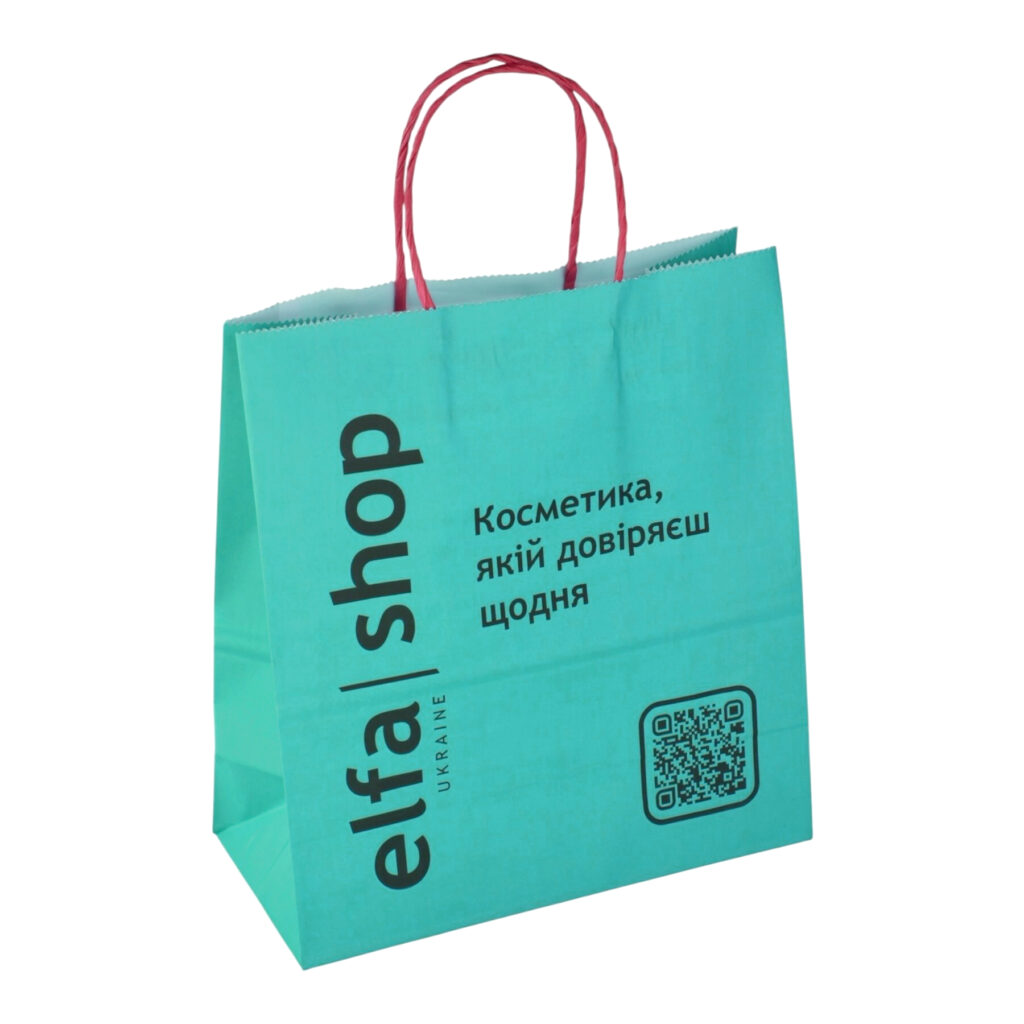 Мʼятний крафт-пакет з рожевими ручками для магазину косметики Elfa Shop