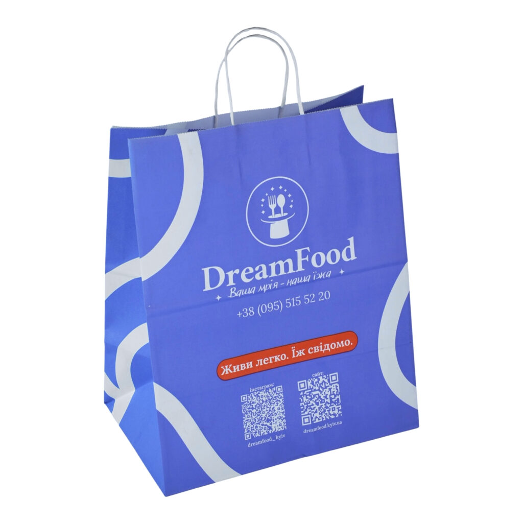 Крафт-пакет із фіолетовим друком для доставки їжі DreamFood